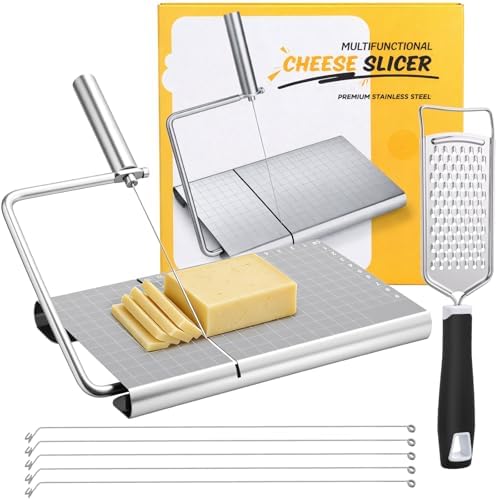 Lothee Replaceable Wire Cheese Slicer with Board and Measuring Grids and Grater Tightness Adjustable Cheese Slicers, Stainless Steel Cutter with 5 Extra Wires, Dishwasher Safe, Kitchen Gadget