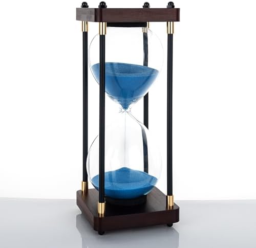 Large Sand Hourglass Timer, Vintage Wooden Sand Timer 60 Minutes, Glass Sand Clock Minutes with Wooden End Caps, Sand Timers for Games Classroom Home Office Kitchen Use (Blue Sand)