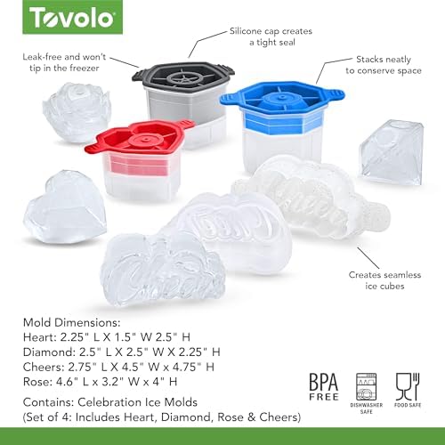 Tovolo Craft Ice Molds Set of 4 for Whiskey Bourbon Cocktails, Heart Diamond Rose Cheers Shaped Ice Cubes, Easy Fill Leak Proof Stackable Silicone Ice Molds Dishwasher Safe BPA Free Set Assorted