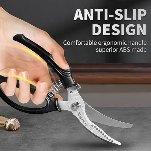 Heavy Duty Kitchen Poultry Shears with 2 Springs, Non-Slip Handle & Safety Lock, Dishwasher Safe, Stainless Steel Scissors for Meat, Chicken, Bones, Fish, Vegetables, and More