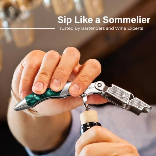 Hicoup Wine Opener - Professional Corkscrews for Wine Bottles w/Foil Cutter and Cap Remover - Manual Wine Key for Servers, Waiters, Bartenders and Home Use - Jade Resin & Steel