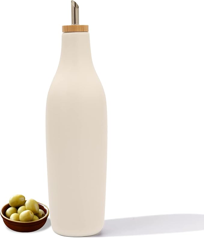 HOMCDALY Ceramic Olive Oil Dispenser for Kitchen, Stoneware 16oz Oil and Vinegar Bottles Dispenser, Kitchen Dispenser Bottle for EVOO Vinegar Syrups, Modern Farmhouse Design(W)
