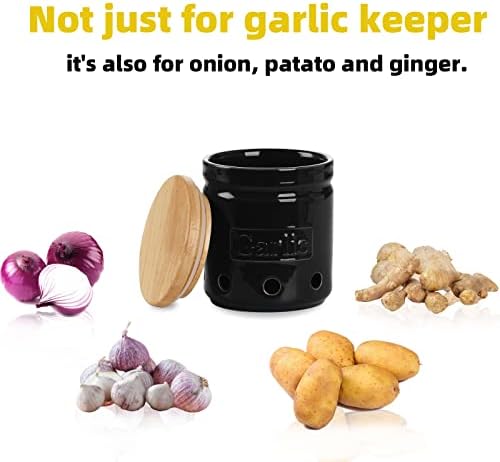 ONTUBE Ceramic Garlic Keeper with Wooden Lid, 4.5-Inch 24oz (Black)