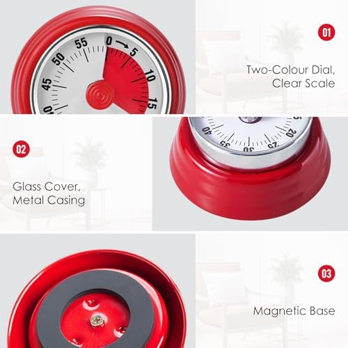 Visual Timer, Teeloray 60-Minute Countdown Timer with Magnetic Base (Red)