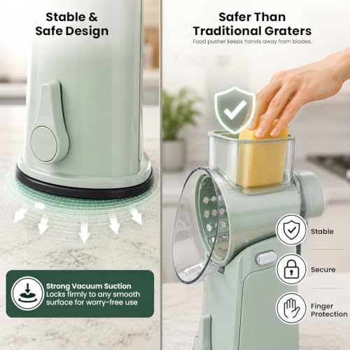 Rotary Cheese Grater Hand Crank, 5-Blade Shredder with Handle, Vegetable Slicer Mandoline Food Chopper, Strong Suction Base Kitchen Gadget for Cheese Vegetables Nuts – Green
