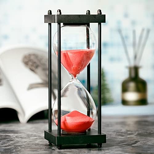 Hourglass Timer 60 Minute, Black Wooden Sand Timer, Red