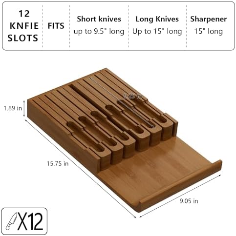 Domax Bamboo In-drawer Knife Block - Kitchen Knife Drawer Organizer Insert, Steak Knife Holder Without Knives, Drawer Knife Organizer Fits for 12 knives and 1 Sharpening Steel (Not Included), Walnut
