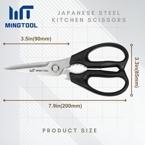 PROFESSIONAL KITCHEN SHEARS, Heavy Duty Food & Poultry Meat Scissors, MINGTOOL Serrated Blade with Premium Japanese Steel Material, Expert Grade Cutter for Bone, Crab Legs, Lobster, & Herbs.