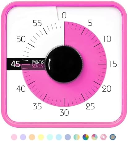 TWENTY5 SEVEN Countdown Timer 7.5 inch; 60 Minute 1 Hour Visual Timer – Classroom Teaching Tool Office Meeting, Mechanical Countdown Clock for Kids Exam Time Management Magnetic, Pink