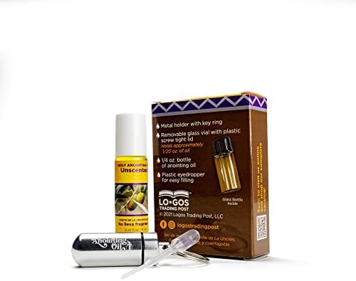 Unscented Anointing Oil from Israel Boxed Gift Set with Dispenser, Holy Jerusalem Oil & Silver Metal Keychain Bottle Container, Plastic Dropper & Small Glass Vial, Aceite Ungido y Botella