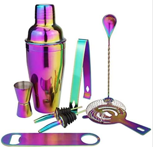 Stainless-Steel Rainbow-Cocktail-Shaker-Set 8PC Bartending-Tool - with Bartender Supplies Kit (550ML, Rainbow)