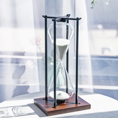 Large Black Iron Craft Hourglass Timer 60 Minutes,Modern Hour Glass Timers Gift for Men & Women, Sand Timer for Kitchen Home Office Desk Deco (White)