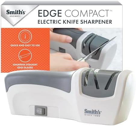 Smith’s 50097 Compact Electric Knife Sharpener | White & Grey | Kitchen Knife 2 Stage Sharpener | Electric & Manual | Blade Guide | Quick Sharpening & Polishing | Straight Edge Blades | Handheld