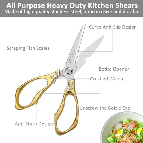 Kitchen Scissors, 2-Pack Multipurpose Kitchen Shears with Comfort Grip, Stainless Steel Cooking Scissors for Cutting Chicken, Meat, Food, Fish, Bread (Golden)