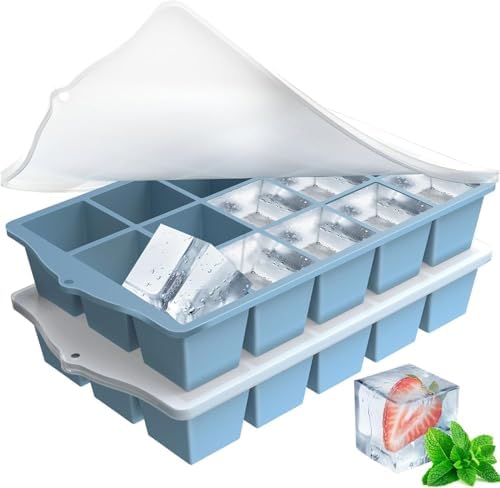 FANYITY Silicone Ice Cube Tray with Lid, Blue, Pack of 2 Ice Cube Moulds, Silicone Mould, BPA-Free, Stackable Ice Cube Tray, Ice Cube Trays for Baby Porridge, Cocktail, Whiskey, Coffee