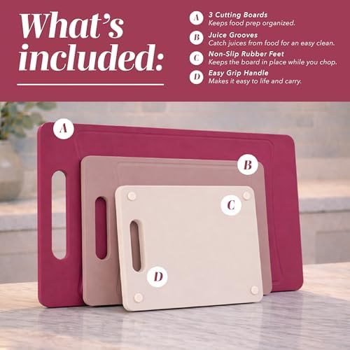 COOK WITH COLOR Non-Slip Cutting Board Set – Kitchen Essentials with Easy Grip Handle for Meat, Veggies, and Fruits, 3 Cutting Boards, Rose