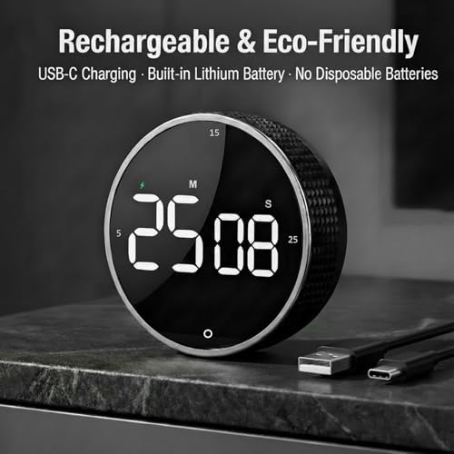 Rechargeable USB-C Digital Kitchen Timer - Magnetic Countdown Countup Visual Pomodoro Timer with Large LED Display, 3-Preset Times, 3 Volume Levels, Ideal for Cooking, Baking and Study
