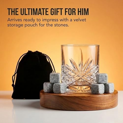 Godinger Whiskey Glass and Whiskey Stones, Gift Set Includes Old Fashioned Whiskey Glasses, 6 Whiskey Rocks Chilling Stones and Storage Pouch, Gifts for Men