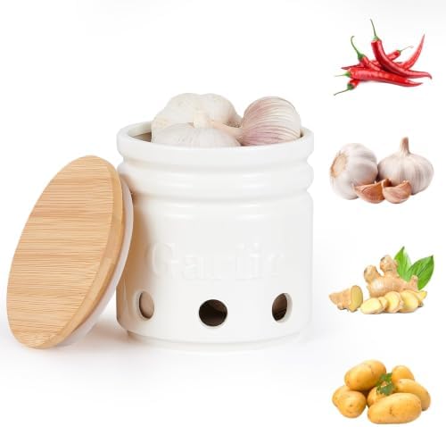 Garlic Keeper for Counter - Holder with Bamboo Lid, Container to Keep Your Garlic Cloves Fresh Longer,Large Ceramic Storage for Kitchen
