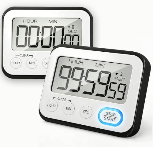 Digital Kitchen Timer Magnetic Loud Alarm, Large LCD Screen Silent/Beeping Multi-Function for Teachers Classroom Kids, Black 2PACK
