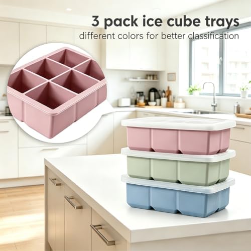 Ice Cube Trays for Freezer, Ice Cube Tray 3 Pack, Large Square Silicone Ice Cube Molds with Leak-Proof Removable Lid, BPA Free Flexible Stackable Ice Molds for Whiskey & Cocktails