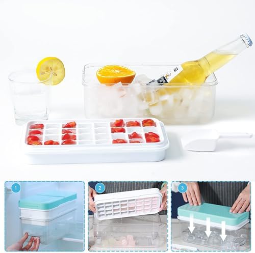 Ice Cube Tray with Lid and Bin, ZZWILLB 64 pcs Ice Trays for Freeze with 2 Trays, Ice Cube Pop Out Tray for Freezer, Ice Cube Molds, BPA Free, Easy Release Stackble Spill-Resistant (Blue)