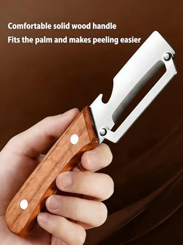 Wooden Peeler, Multi-Functional Vegetable Peeler For Kitchen, Thickened Wooden Handle Fruit Peeler, Ultra Sharp Stainless Steel Blades With Bottle Opener For Potato Pumpkin Papaya (2pc)