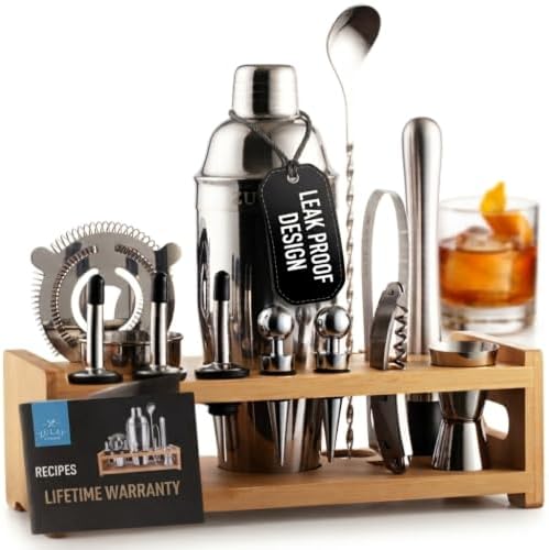 Zulay Kitchen 24 Piece Bartender Kit-Stainless Steel Bar Accessories with Display-Modern Mixology Shaker Set for At-Home Cocktails-Use for Mixer, Martini, Margarita and Liquer-Bar Tools (Silver)