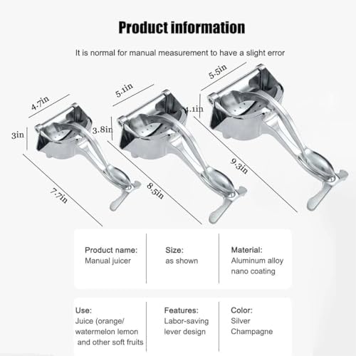 Hand Juicer Squeezer- Hydrogen Alloy Juicer, Aluminum Manual Press Juicer, Stainless Steel Lemon Squeezer Citrus Juicer, Heavy Duty Hand Manual Extractor for Lemon, Orange, Lime (7.7*4.7*3in, 2Pcs)