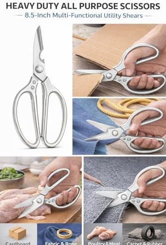 Heavy Duty Multipurpose Stainless Steel Scissors, Perfect for Utility, Kitchen Shears, Poultry Shears - Silver