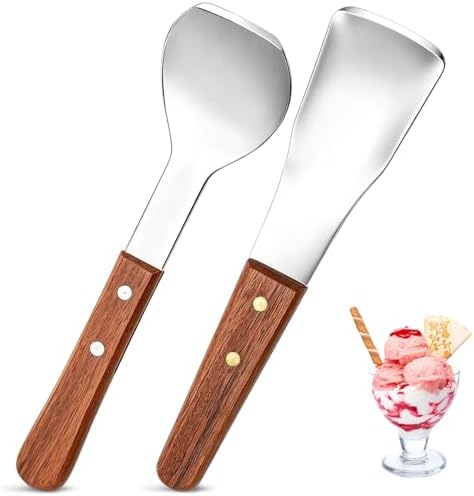 Yesland Ice Cream Scoop Set 2 Pack, Stainless Steel Ice Cream Spade with Wooden Handle, Heavy Duty Flat Paddle for Hard Frozen Dessert, Butter Cutter Cake Scraper for Kitchen Home Commercial Use