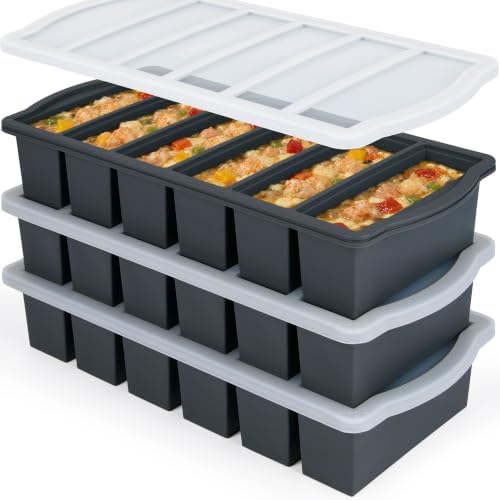 Silicone Freezer Molds with Lids, 1/2 Cup Soup Freezer Container Reinforced Steel Ring Top for freezing Soup Sauce Broth Leftovers, Silicone Freezer tray 3-Pack, Oven & Dishwasher Safe