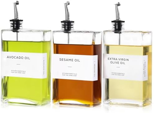 Olive Oil Dispenser Bottle for Kitchen, 3 Pack Glass Oil and Vinegar Dispenser Set, Elegant Book Design, Durable, Leak-Proof, Easy-Pour Spouts, Perfect for Kitchen, Dining Table (12oz)