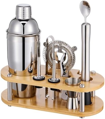 Wukuna Cocktail Shaker Bartender Kit, 11 Pcs Bar Tool Set with Bamboo Stand