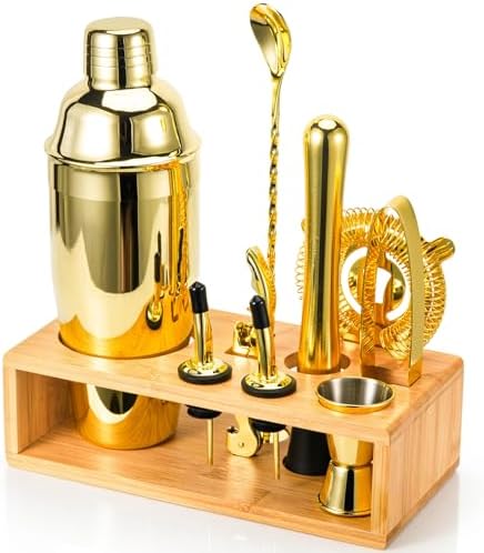 Gold Cocktail Shaker Set, Premium 18/8 Stainless Steel Mixology Bartender Kit with Stylish Bamboo Stand 10-Piece Bar Tools & Accessories for Home Bar for Men, Dad, Husband