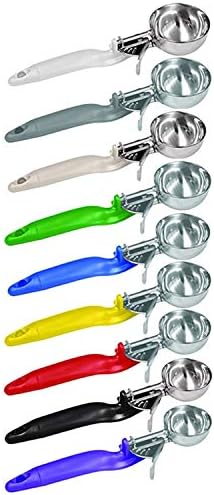 Tiger Chef Stainless steel construction 2-2/3 oz. capacity Green plastic Ergo handle Thumb lever NSF certified Scoop size: #12 Lever Disher (1, Green 2-2/3 oz.)