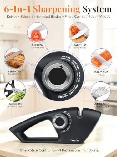 Longzon 6-in-1 Knife Sharpener 5 Stage with Cut-Resistant Glove