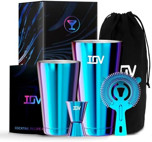 IOV Boston Cocktail Shaker Bar Set, Bartender Kit Drink Mixer Set with 18 oz & 28 oz Boston Shakers, Hawthorne Strainer, Double Jigger, Bar Tool Kit and Recipe Booklet - Rainbow