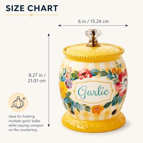 Garlic Keeper Ceramic with Lid Ventilated Floral Yellow for Kitchen