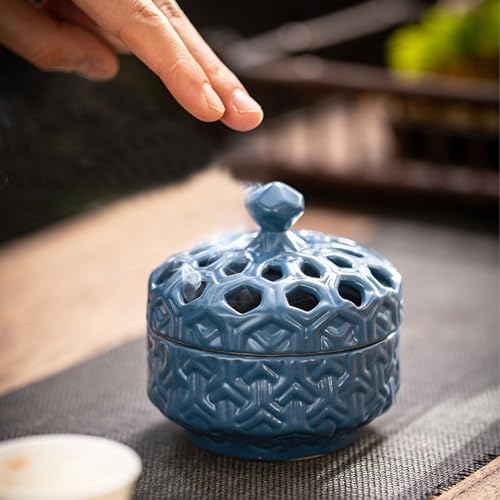 Retro Garlic Keeper for Counter Ventilated Ceramic Cutout Lid Garlic Holder Keep Garlic Fresh Garlic Container(Color:Blue)