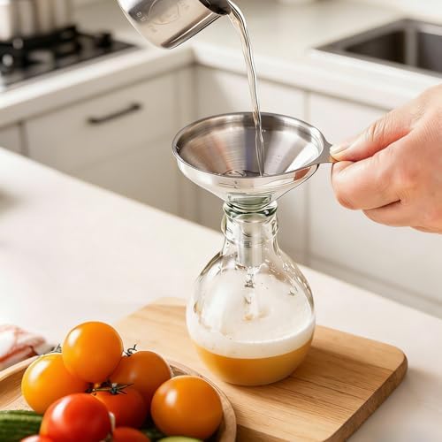 Small Funnels for Filling Bottles, 3 Pcs Stainless Steel Kitchen Funnel Set, Food Grade Mini Metal Funnel for Transferring Oil Liquid, Easy Cleaning with a Brush (Short Handle)