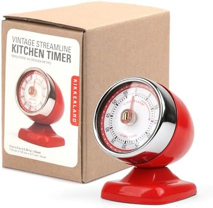 Kikkerland Vintage Streamline Timer – Retro Decor for Home & Kitchen – Windup Timekeeper in Red