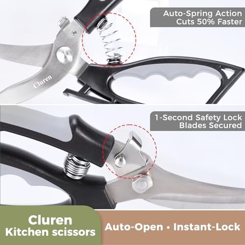 Kitchen Shears & Scissors Heavy Duty with Self-Standing Base | Cuts Poultry, Meat, Food | Ergonomic XL-Handle for Large Hands (Black-Gray)