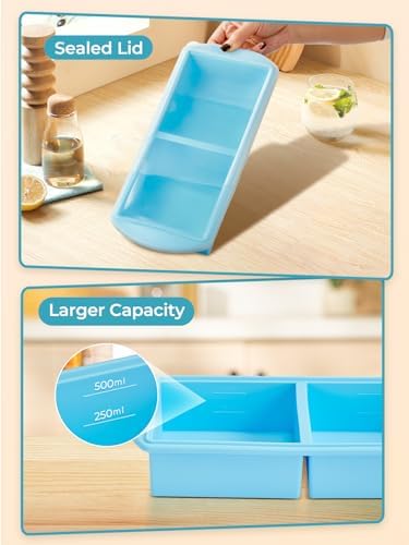 Silicone Freezer Tray with Lid for Soup Ice Cubes, 2Cup Large Ice Cube Tray