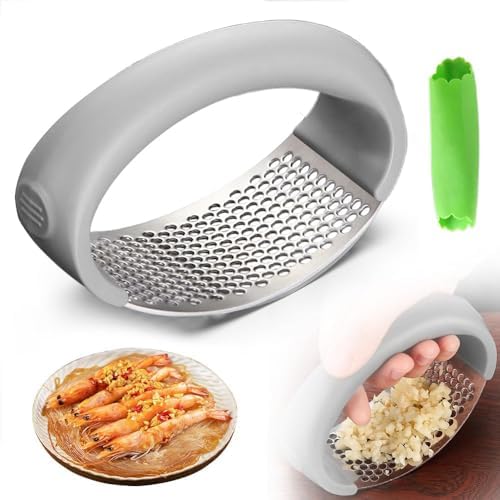 Stainless Steel Garlic Crusher - Upgraded Manual Garlic Press, Home & Kitchen (1, Gray)