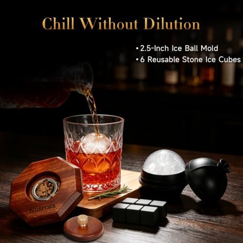 Whiskey Smoker Kit with Torch - 6 Flavors Wood Chips, Ice Ball Mold & Stone Ice Cubes – Complete Cocktail Smoking Set for Bourbon, Old Fashioned, Gifts for Men Dad Husband, Valentine's Day Gifts