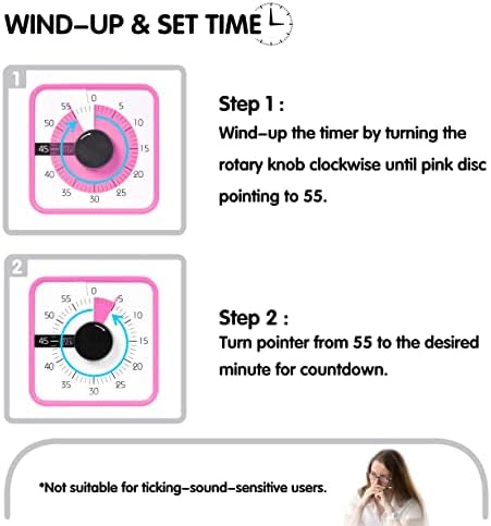 TWENTY5 SEVEN Countdown Timer 7.5 inch; 60 Minute 1 Hour Visual Timer – Classroom Teaching Tool Office Meeting, Mechanical Countdown Clock for Kids Exam Time Management Magnetic, Pink