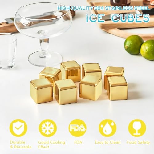 Reusable Stainless Steel Ice Cubes, 8 Packs Metal Whiskey Stones Chilling Rocks, Reusable Ice Cube for Whiskey, Vodka, Beverage Chilling Stones, Gold