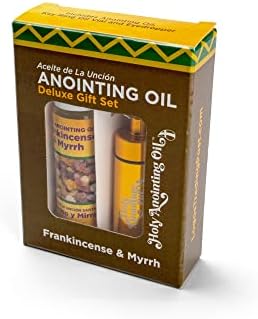 Frankincense & Myrrh Anointing Oil from Israel Boxed Gift Set with Dispenser, Holy Jerusalem Oil & Gold Metal Keychain Bottle Container, Plastic Dropper & Small Glass Vial, Aceite Ungido y Botella