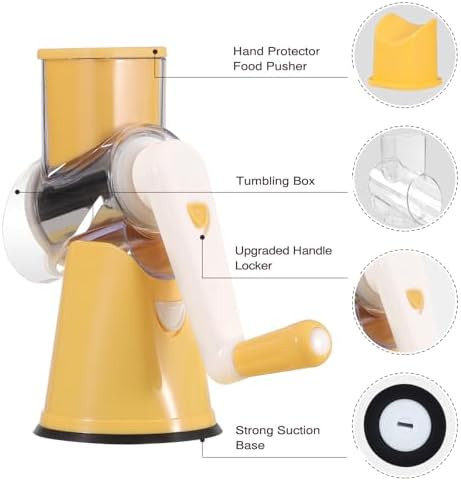 Cambom Rotary Cheese Grater Hand Crank Cheese Shredder for Fresh Cheese, Vegetable, Nuts,Non-slip Suction Base, Free Cleaning Brush Three Blades,Yellow